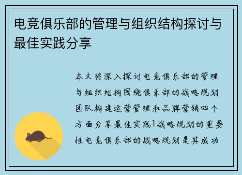 电竞俱乐部的管理与组织结构探讨与最佳实践分享